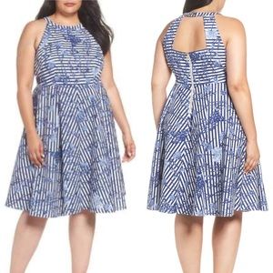 ElizaJ Blue Floral Stripe Halter Fit & Flare Dress